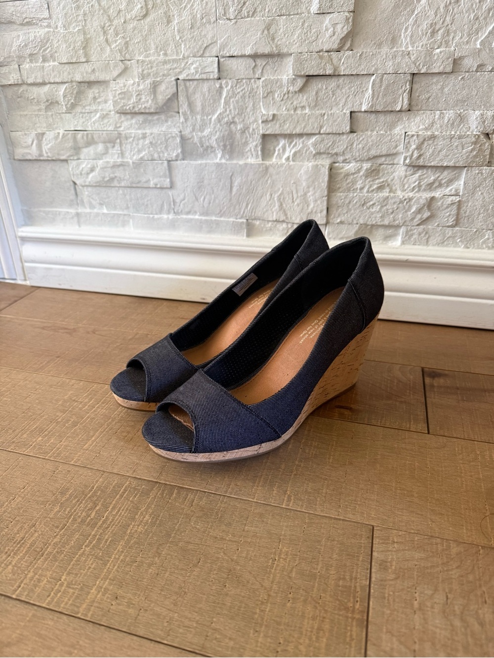 Toms Black Denim Peep-Toe Cork Wedge - Size 8.5